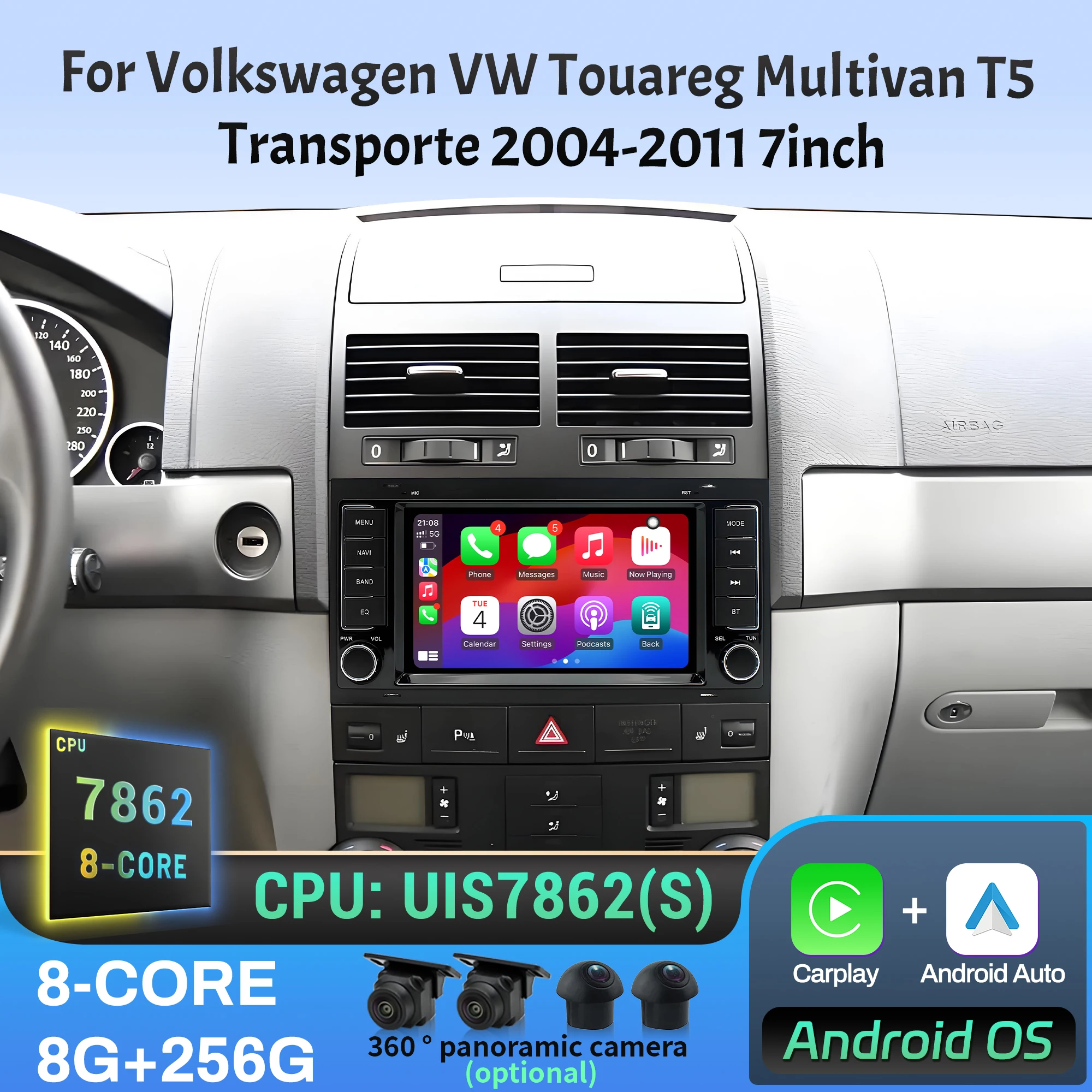 Фото 7-дюймовый автомобильный радиоприемник для Volkswagen VW Touareg Multivan T5 Transporte 2004-2009 2010 2011, беспроводной BT CarPlay, головное устройство с сенсорным экраном №1