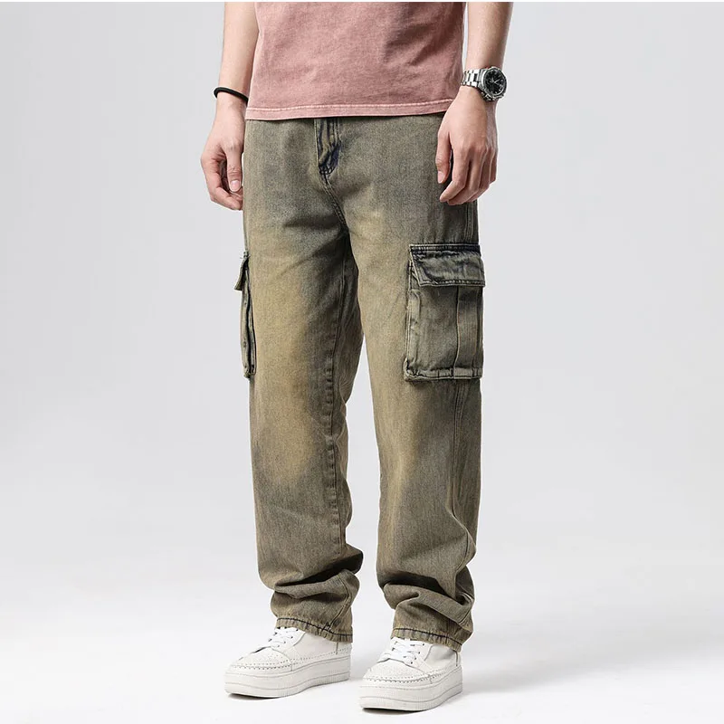 Men Loose Skateboard Casual Jeans Trousers Straight Vintage Hip Hop Denim Pants For Male Multi Pockets Plus Size 30-46