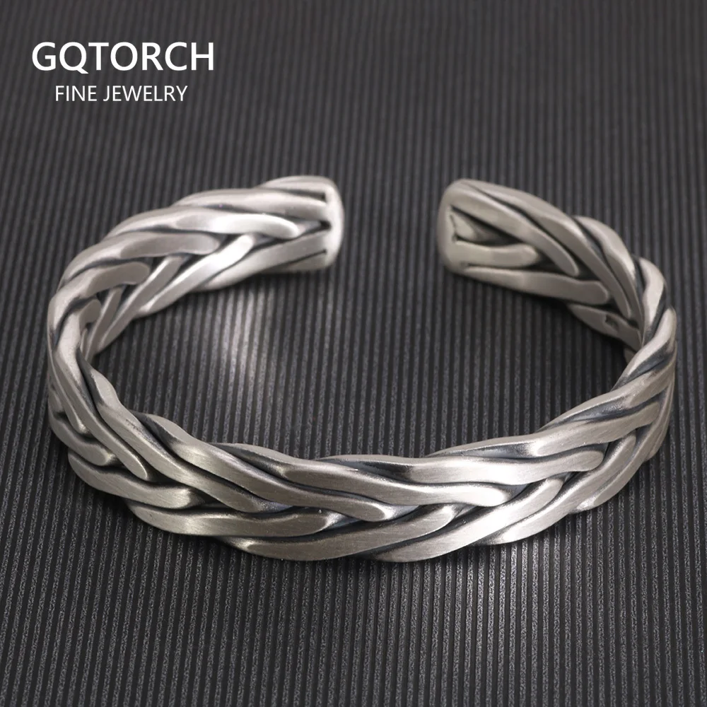 Heavy 999 Sterling Silver Braided Bracelet For Men Retro Solid Thick Handmade Viking Jewelry Opening Adjustable