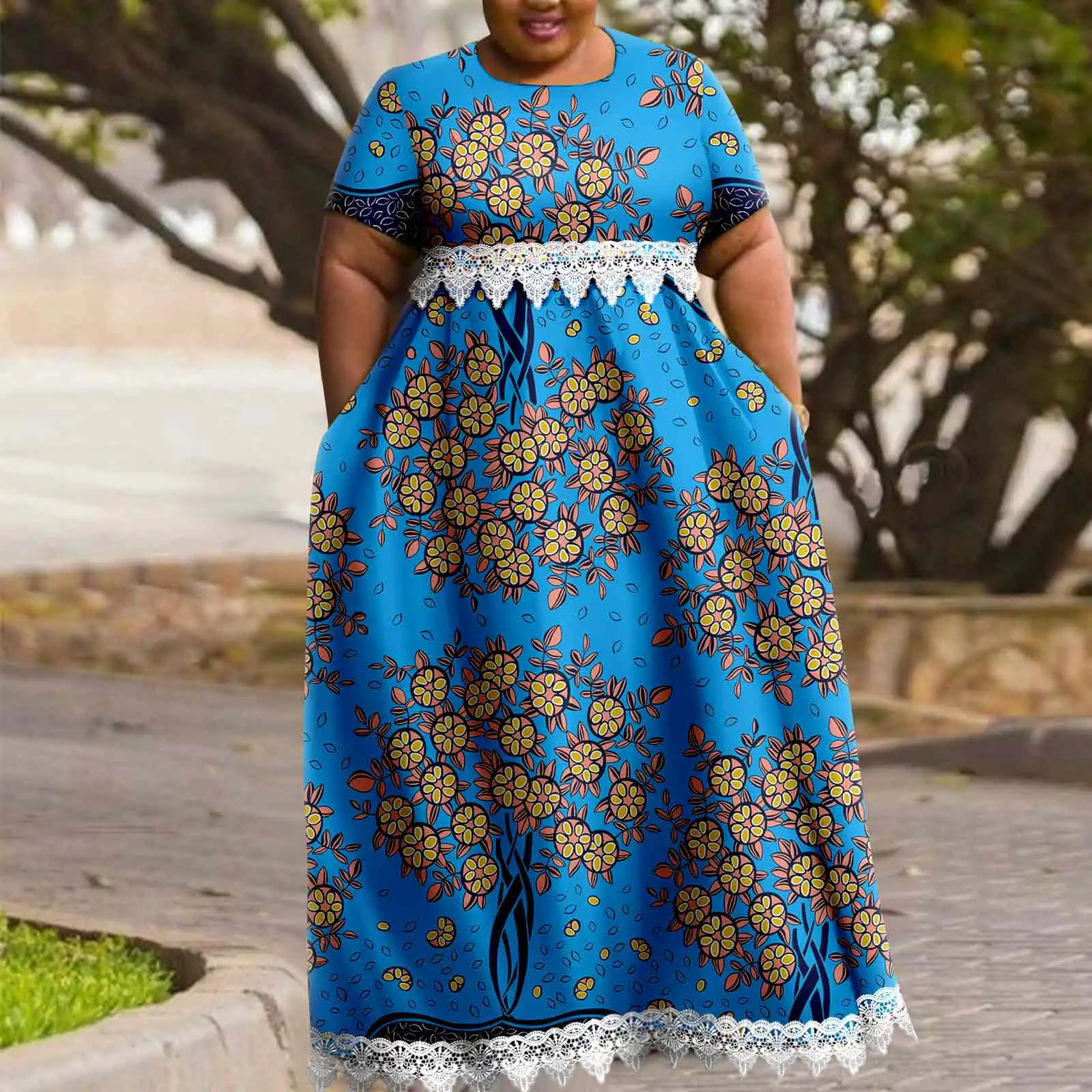 African Women's Plus Size Dress Vintage Style Ankara Printed Fabric Mesh Sand Side Casual Travel Dress A2225130