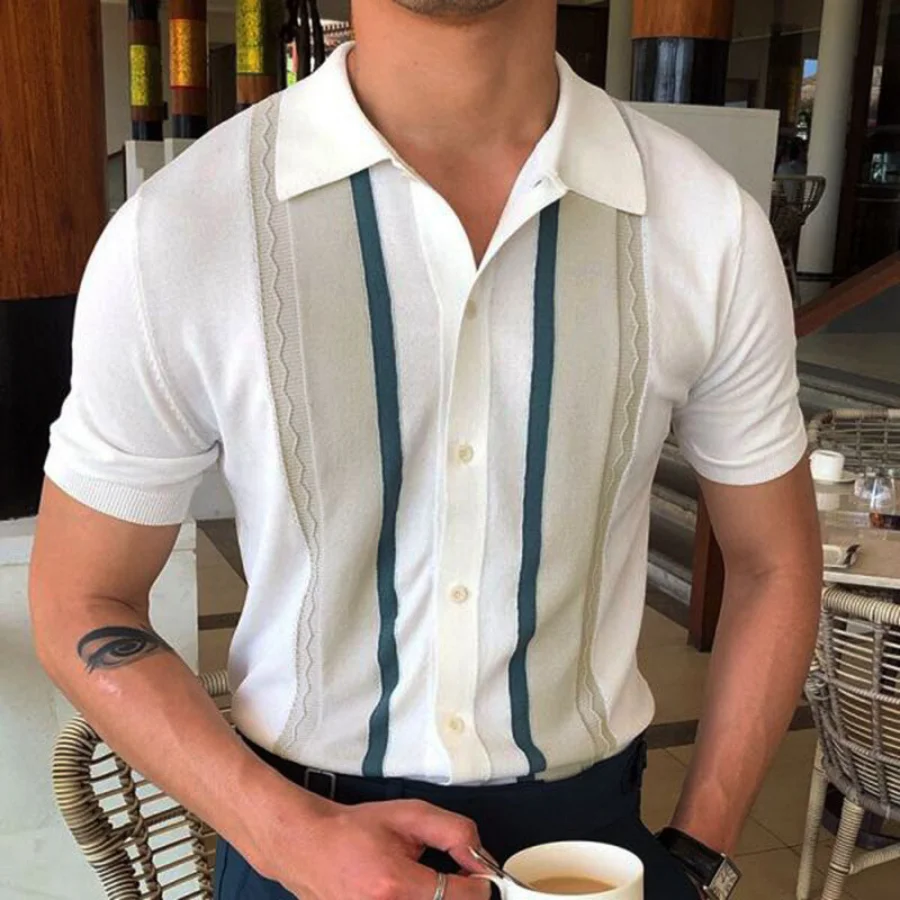 

2023 Summer Men Short-sleeved Knitted Polo Blouse Cardigan Vintage Slim Stretch Tshirts Top Business Casual Male Shirts Clothing
