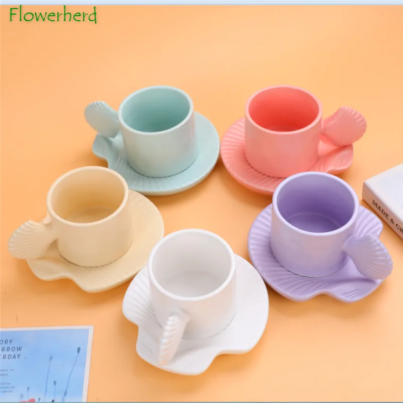 

Porcelain Coffee Cup Shell Saucer Set Ceramic Tea Cup with Shell Handle Breakfast Mug Cute Fat Ceramic Mugs Coffee Cups