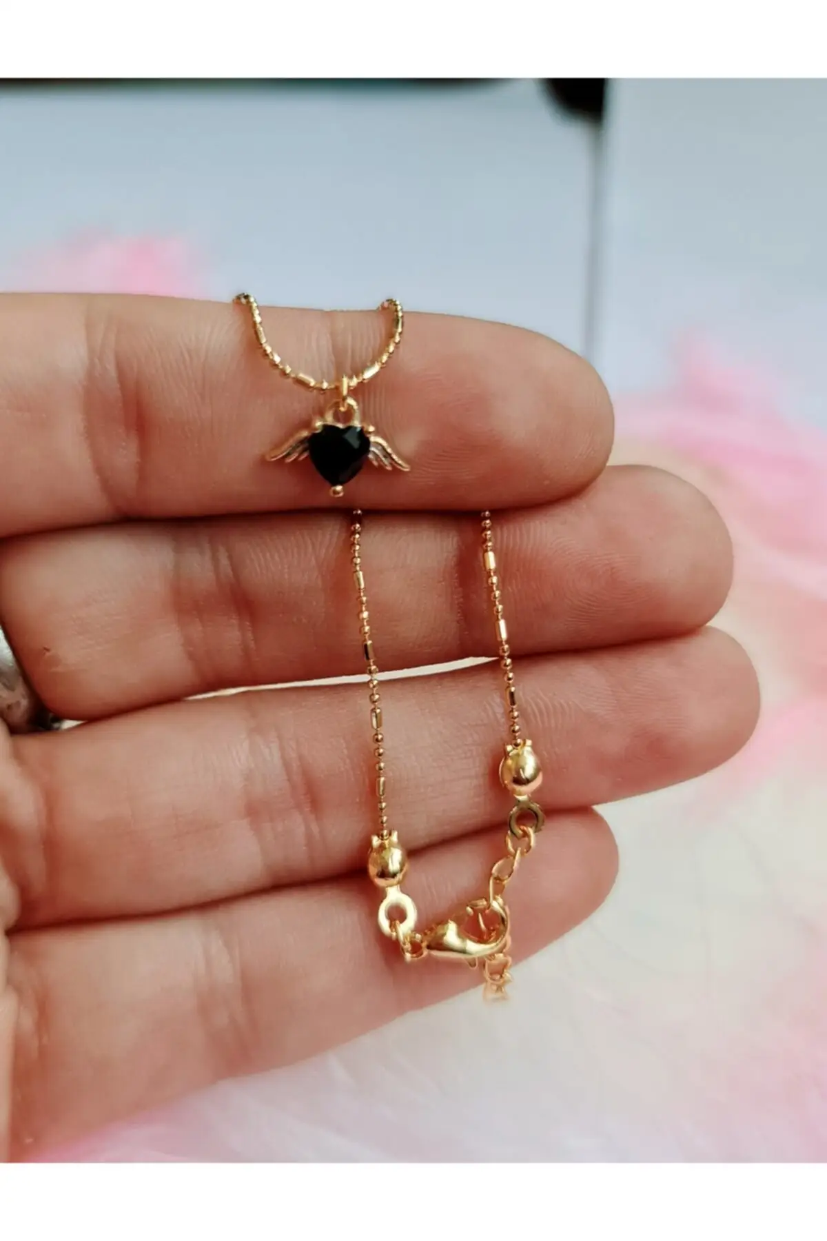 

24K Gold Plated Black Stone Heart Necklace, Thin Chain Necklace Minimal and Tiny Clip Zircon Stone Love Bijouterie Jewelry &