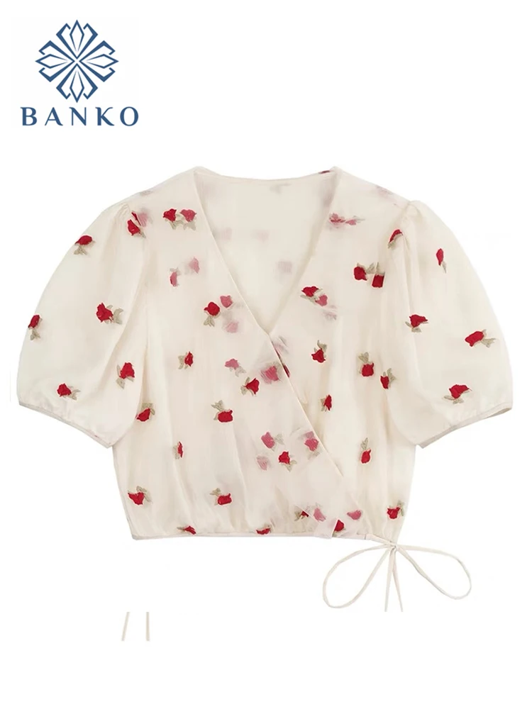 Женская газовая рубашка с вышивкой розы 2024 летняя шикарная Y2k v-образным вырезом и