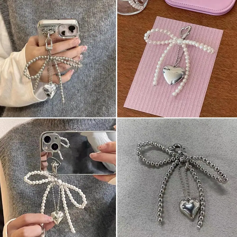 Брелок для ключей с бантом и сердцем милый аксессуар в виде банта бусинами