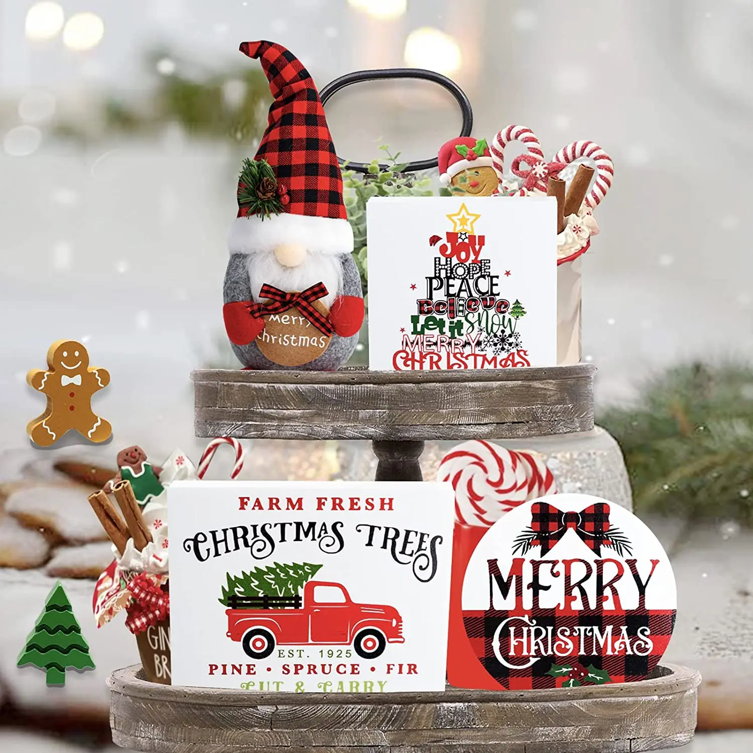 

3 Счастливого Рождества и 2 мини-отделки и буйвола клетчатая миди плюшевая, деревенские Многослойные лотки украсят семейную комнату настоль...