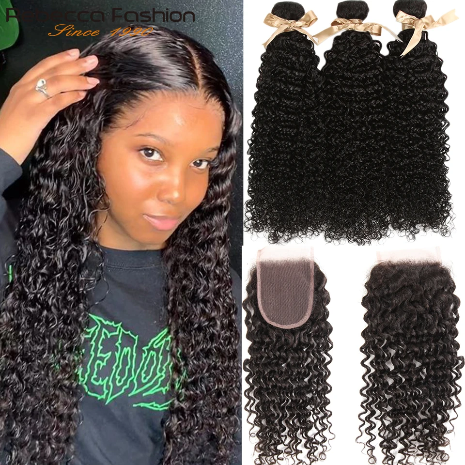 Rebecca Kinky Curly Hair 3 Bundles With Closure Remy Human Hair Curly Brazilian Hair Weave Human Bundles With Closure