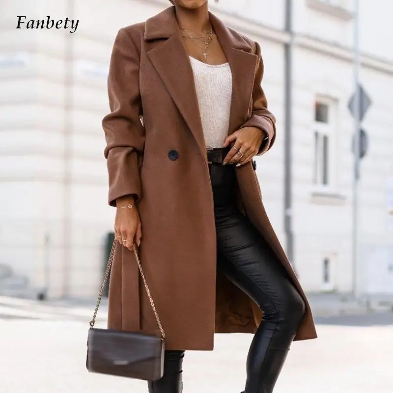 

Women Elegant Lapel Button Tie-up Midi Jackets Autumn Casual Long Sleeve Solid Woolen Outwear Winter Fashion Loose Straight Coat