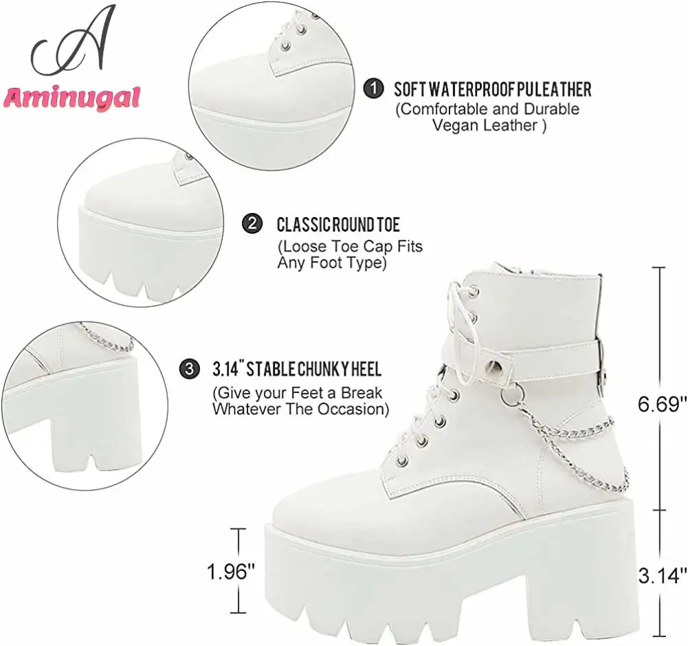 Brand New 2023 Platform Fashion White Black Block Heel Shoes Combat Booties Women's Lace Up Studded Motorcycle Boots Ankle Boots