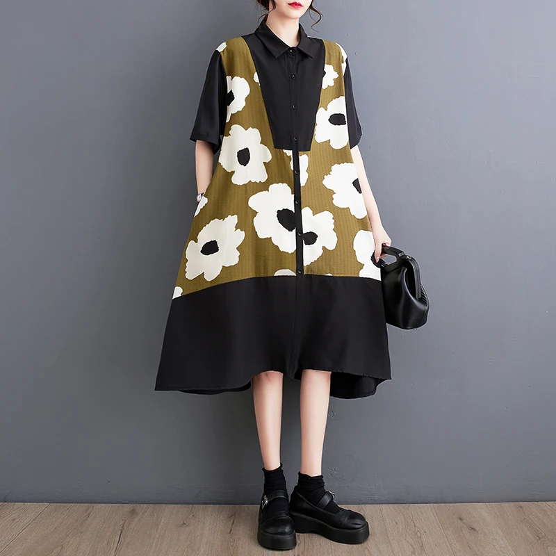 

SuperAen/2023 г. Летняя Корейская свободная Модная рубашка с имитацией двух цветов ТРАПЕЦИЕВИДНОЕ длинное платье-рубашка с короткими рукавами