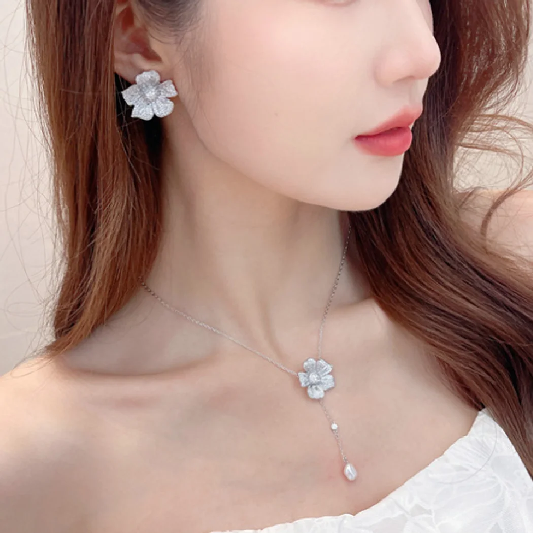 Trendy jewelry Silver Full Zircon Rose Flower Necklace earring Set for women fine Anniversary Bijoux zriconia Earing pendant