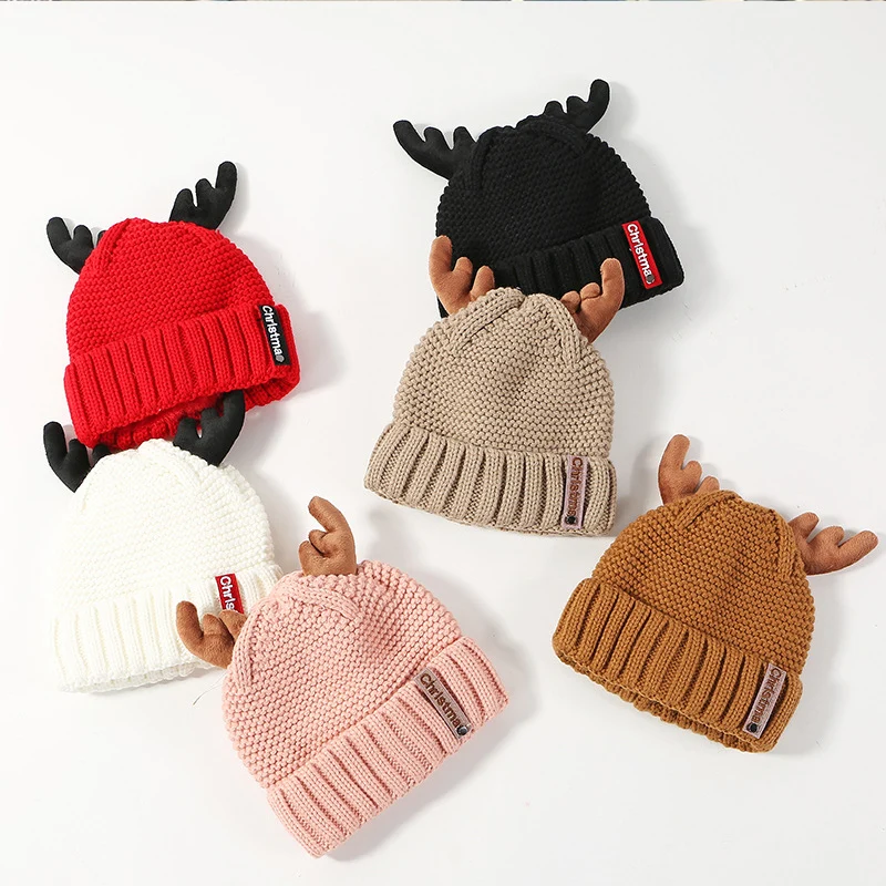 

Cute Cartoon Antler Hats For Women Winter Warm Thicken Plush Knitted Hat Beanies Fashion Christmas Day Gift Deer Horn Wool Hat