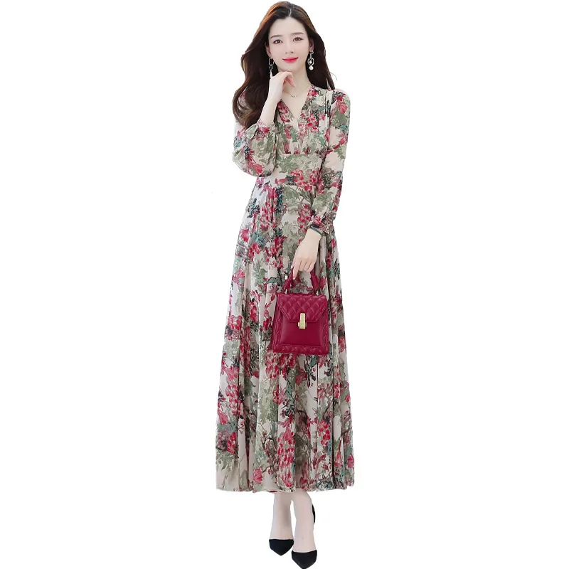 2023 Floral Long Sleeve V-Neck Maxi Dress Spring Autumn Elegant Party Evening Dress muslim maxi dresses for women