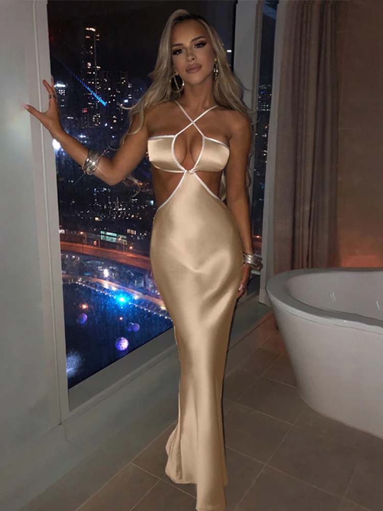 

Trendeez's Lovely Plain Halter Cutout A-Line Satin Ankle Dress