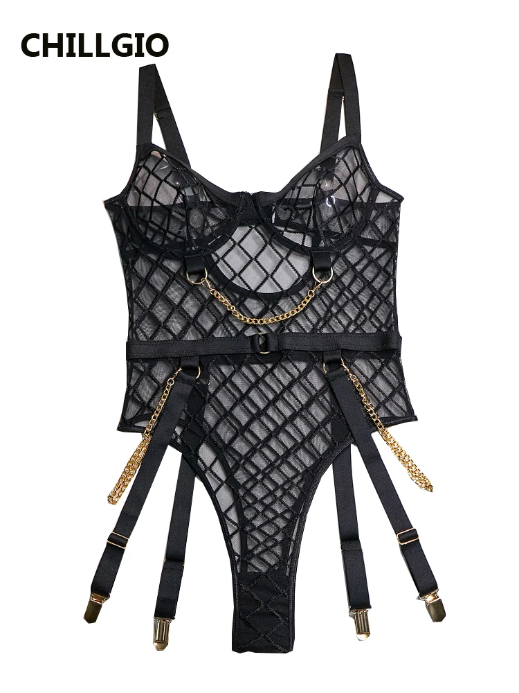 CHILLGIO Women Sexy Plaid Chain Bodysuits Fashion Bodycon Rompers Lingerie Slim Skinny Transparent Strappy Combination Catsuits