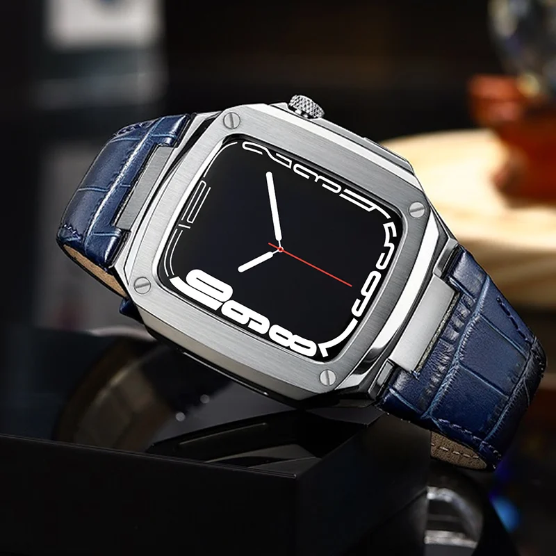 Leather Refit Mod Kit Bezel Case Band for Apple Watch Series 8 7 45mm 6 5 4 SE 44mm Modification Kit Metal Steel Band for IWatch