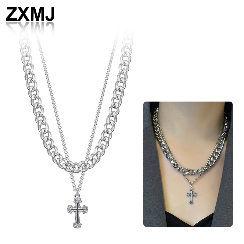 

ZXMJ Crucifix Retro Necklace Trendy Cuban Chains Fashion Necklaces for Women Hip-Hop Clavicle Chain Trend Sweater Chain Jewelry