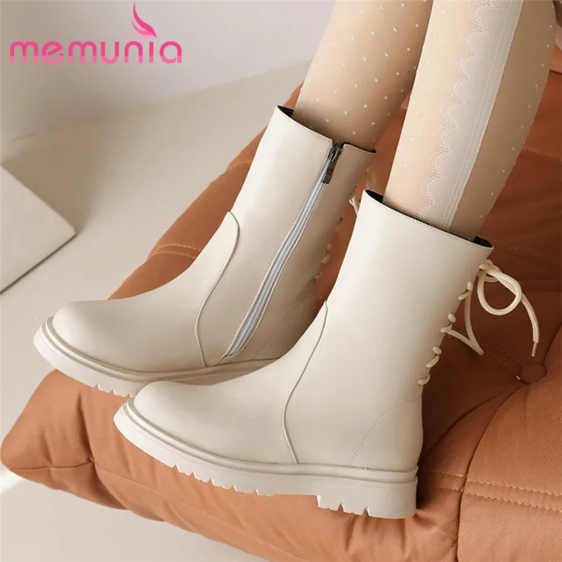 

MEMUNIA 2023 New Cross Tied Flat With Heels Shoes Autumn Spring Ladies Ankle Boots Platform Microfiber Women Boots