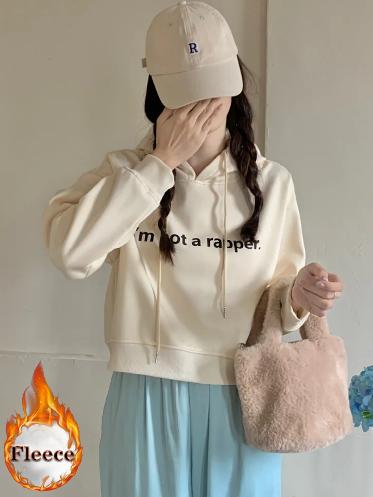 

korean kawaii velvet thicken hooded SweatshirtAutumn winter fleece warm Hoodies Women crop top casual loose letter print hoodie
