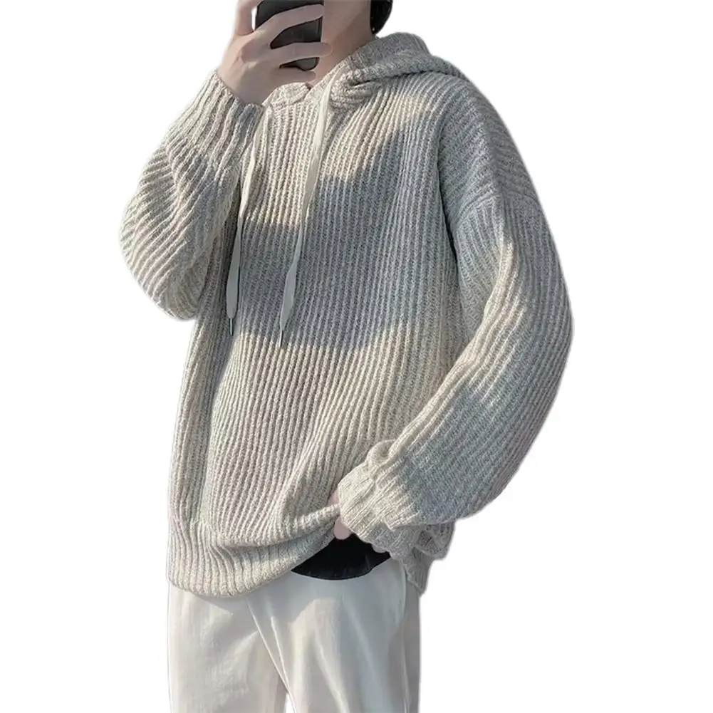 

Мужская толстовка с капюшоном, в рубчик, эластичная, с защитой от замерзания, Повседневный пуловер с капюшоном, теплая трикотажная толстовк...