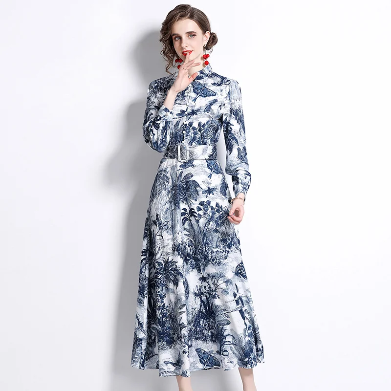 

High Quality Women Spring Elegant Buttons Blue Butterfly Print Office Cocktail Party Robe Female Vintage Long Sleeve Dresses