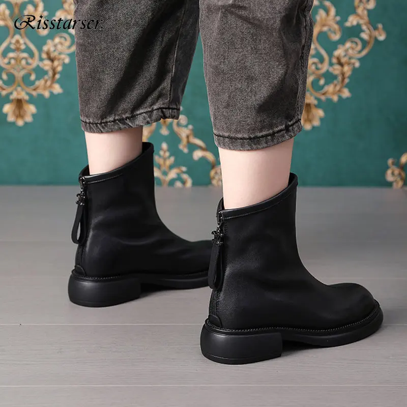 Risstarser Ankle Boots for Women Retro PU Leather Round Toe Zipper Women Short Boots Fashion Platform Shoes Autumn Winter 2022