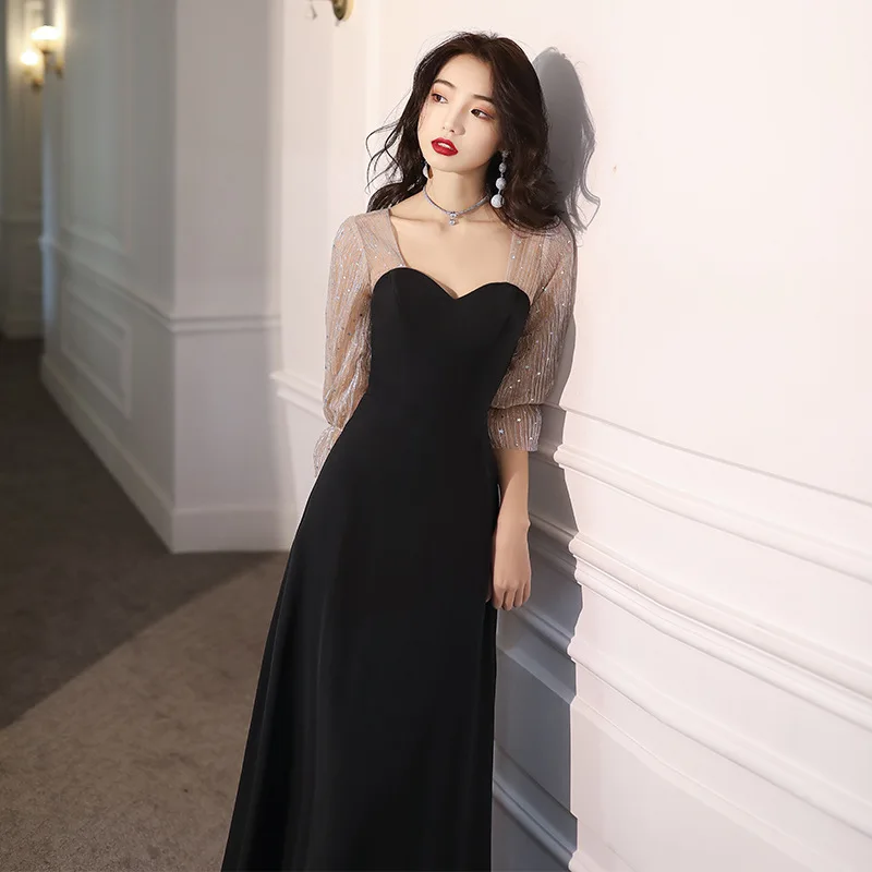 

Elegant Women Celebrity Banquet Dress Sexy Sweetheart Lantern Sleeve Maxi Dress Temperament Black Robe De Soiree Chinese Dress