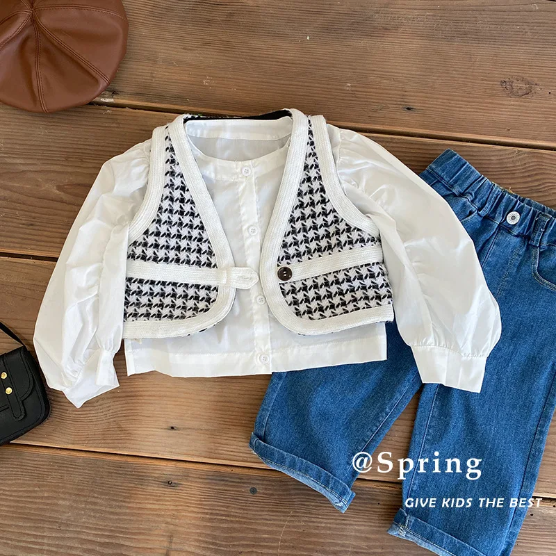 

2023 Spring Autumn Children Girls Clothes Set Cotton Plaid Border Vest Solid Puff Sleeve Bottoming Shirts Infant Girls Outfit