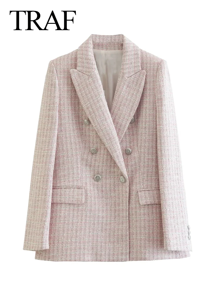 

TRAF Casual Women Tweed Blazer Vintage Office Elegant Lady Jacket Coat Double Breasted Spring Autumn Outerwear Female Chic Tops