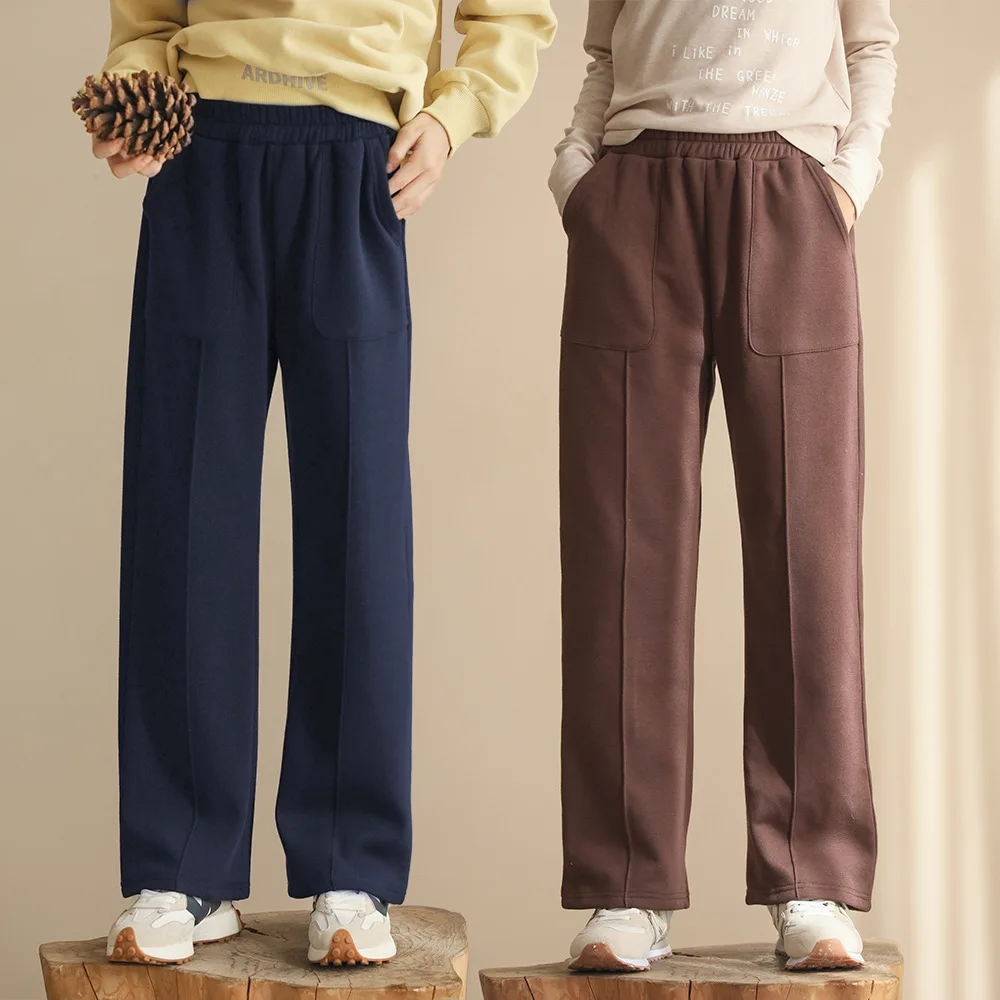 

Прямые штаны для девочек на осень и зиму, плотные теплые широкие брюки с флисовой подкладкой для детей, повседневные универсальные школьные подростковые детские брюки