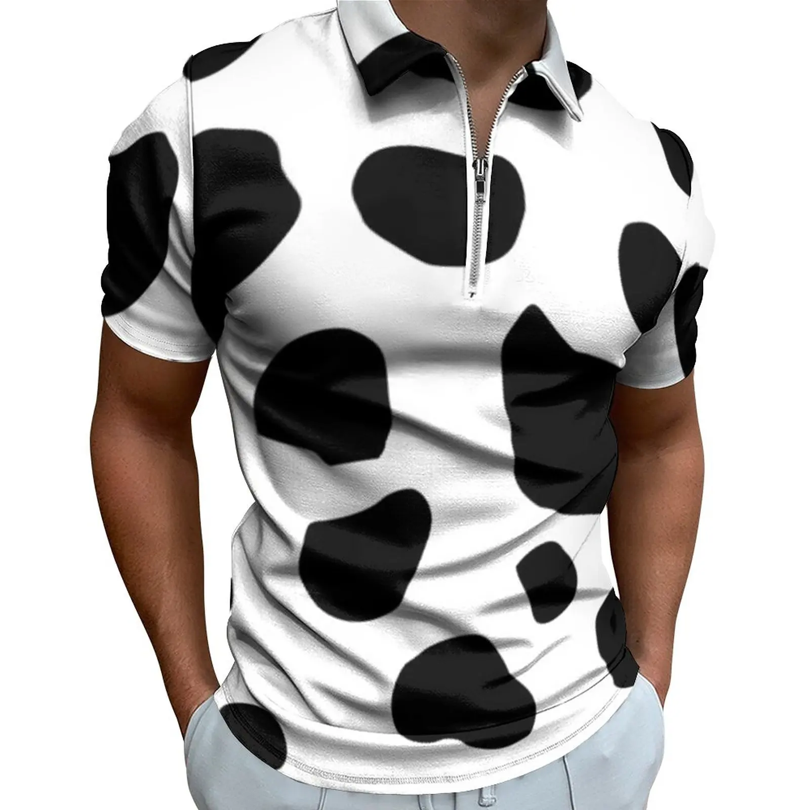 

Повседневные футболки с принтом в виде коровы и пятен, черно-белые рубашки поло с животными, рубашка в эстетическом стиле на молнии, мужская одежда с рисунком размера плюс 6XL