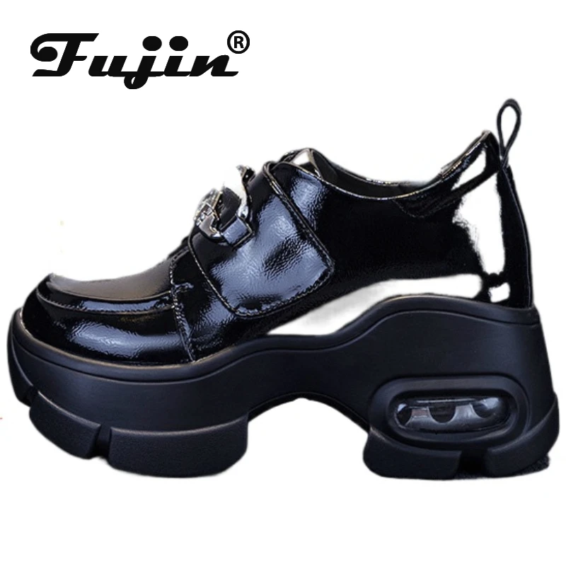 

Fujin/женские ботильоны из искусственной лакированной кожи на платформе 8 см; Модные туфли-лодочки на танкетке; Брендовая обувь Mary Jane на застежке-липучке