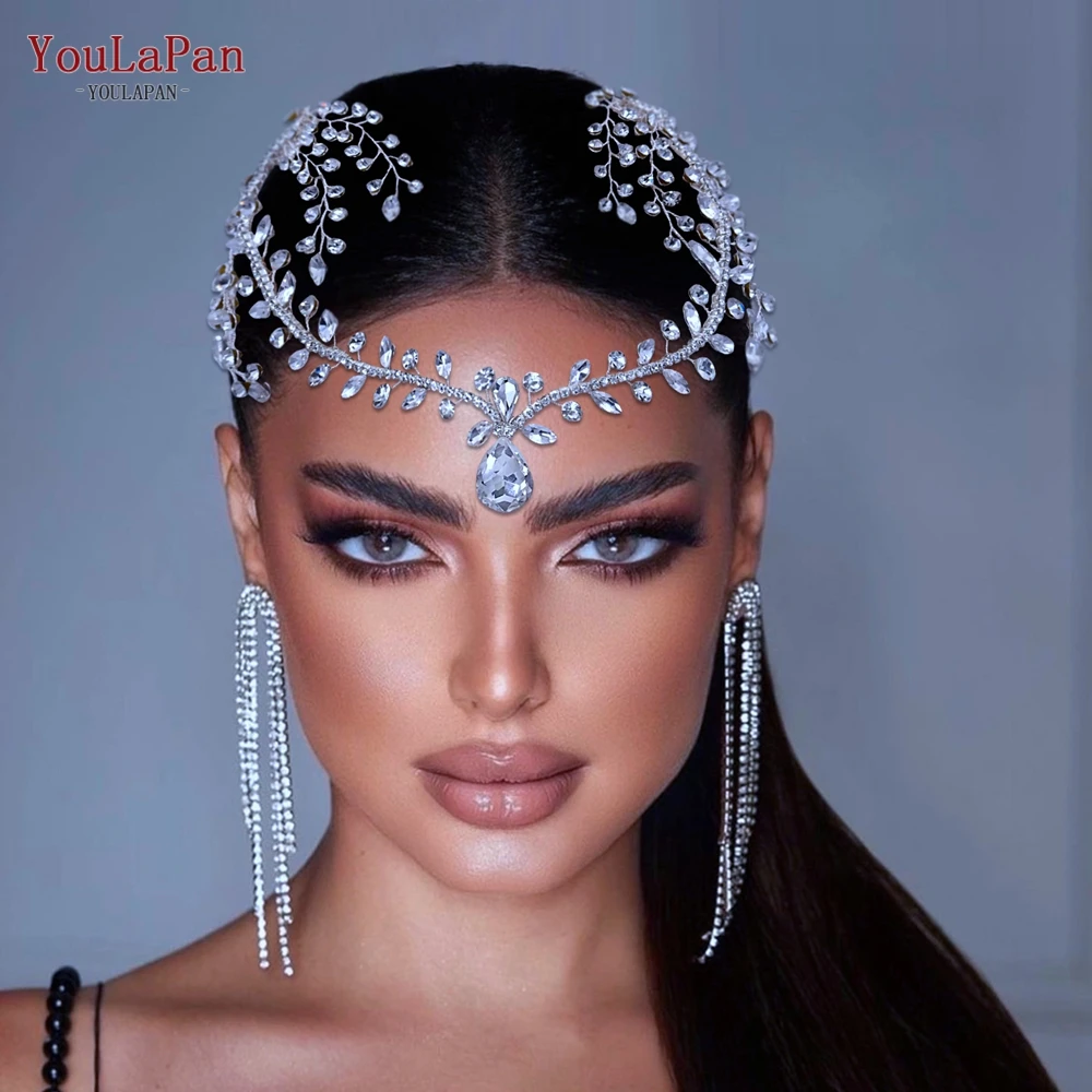

YouLaPan Rhinestone Wedding Forehead Headband Women Headdress Water Drop Bridal Head Tiara Bride Head Piece with Combs HP466