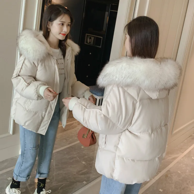 S-XL Parkas Female Jackets Women Faux Fur Collar Hooded Thicken Warm Loose Coats Snow Outerwear Winter Cotton Jacket Oversize