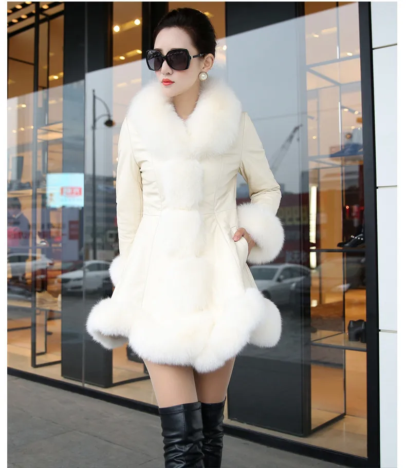 Aux Fur Faux Sheepskin Women's Winter Coat Medium Length Fox Fur Collar Hooded Slim-fitting Leather Garment