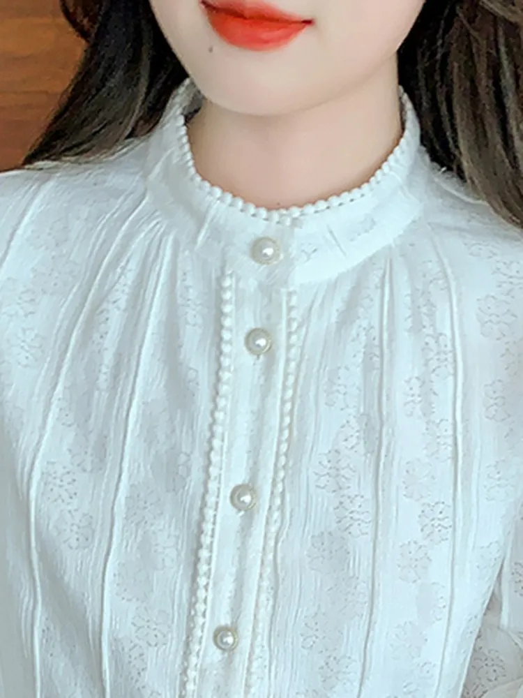 Женская Офисная рубашка элегантная белая блузка с длинным рукавом и высоким