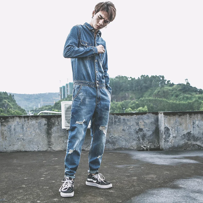Spring and Autumn Men Jumpsuit Overalls Denim Jumpsuit Men's Hip Hop Hole Small Feet Denim Jacket Jumpsuit Men