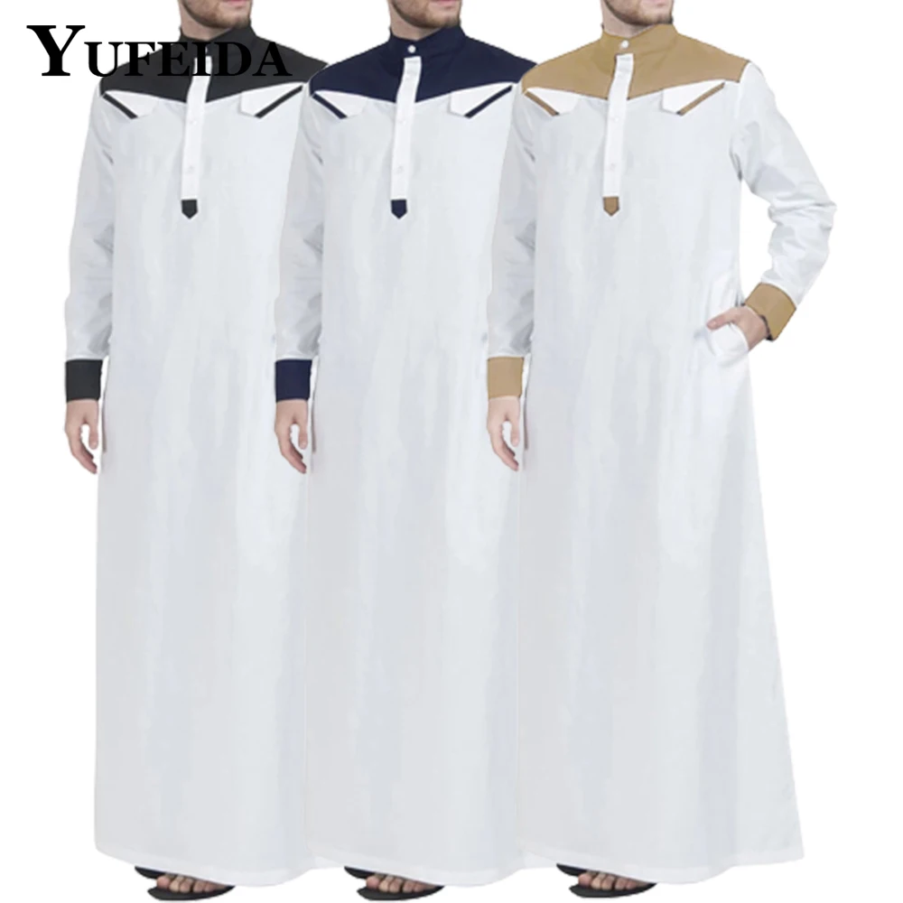 YUFEIDA Fashion Muslim Thobe Comfortable Men Caftan Long Patchwork Color Muslim Clothing Mandarin Neck Muslim Robe Middle East