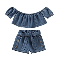 kids baby girls clothing summer clothes short sleeve off shoulder crop tops and solid color casual denim shorts casual set