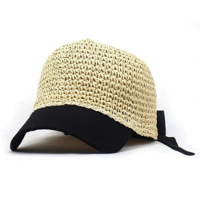 

LDSLYJR 2022 Straw Solid Color Bowknot Casquette Baseball Cap Adjustable Snapback Hats for men and women 04