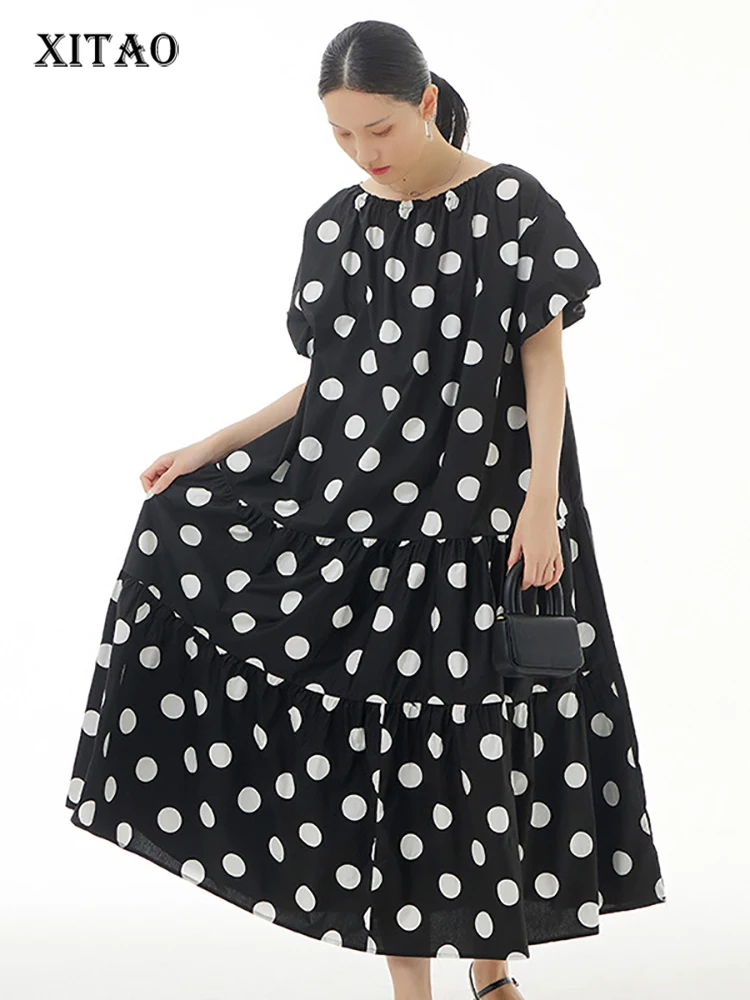 

XITAO Casual Dot Print Dress Loose Fashion Splicing Loose O-neck Collar Before and After Can Be Worn Summer New Women WMD6312