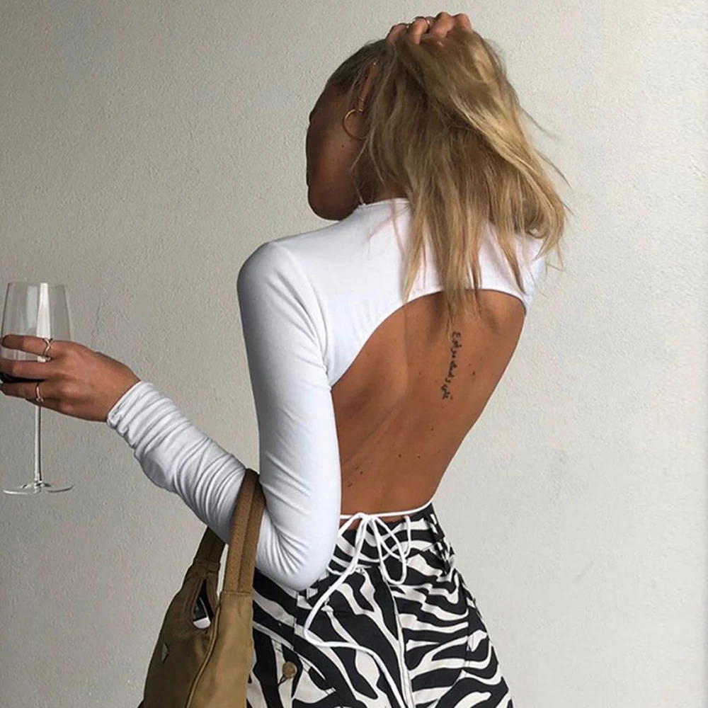 

Women Summer Sexy Backless Bandage Lace Up Crop Tops 2021 Fashion Female T-Shirts Long Sleeve White Tees Clubwear Bandage Tops