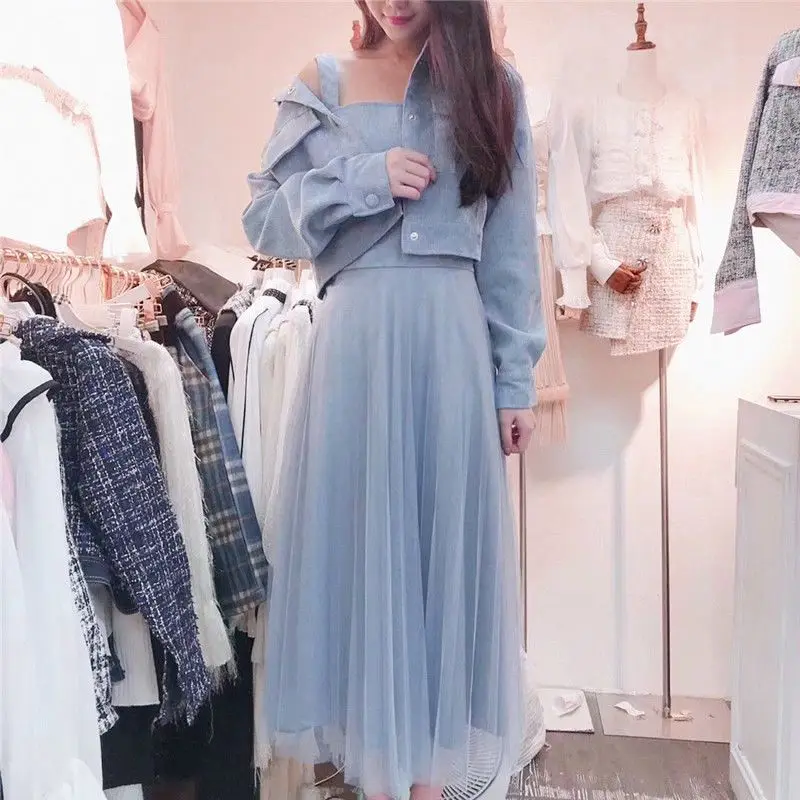 Spring and Autumn Fashion Women's Set Two Piece Temperament Dress 2023 New Versatile Coat Mesh Skirt Trend