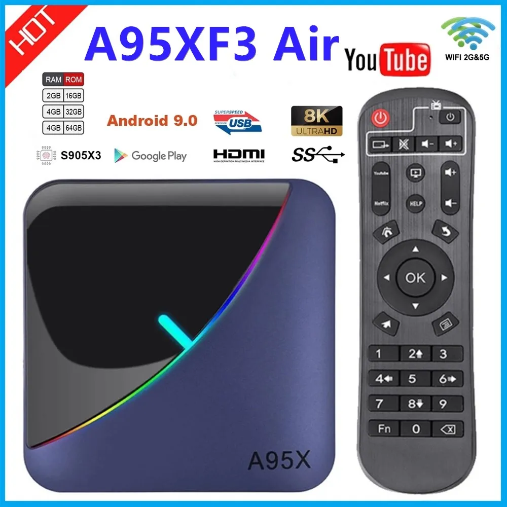 

2022 Hot Sale A95X F3 Air Smart TV Box Support Plex Media Server Youtube Amlogic S905X3 Android 9.0 4k 4GB 64GB Set Top Box