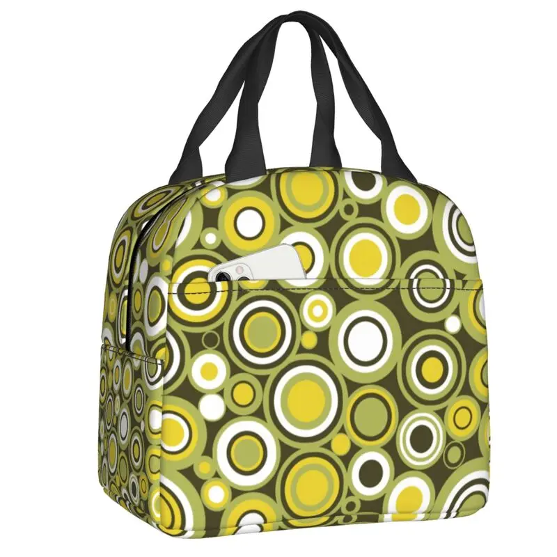 

Зеленая, желтая и белая круглая изолированная сумка для обеда в стиле ретро для школы, офиса, красочная герметичная Термосумка с геометрическим рисунком, термическая коробка для обеда