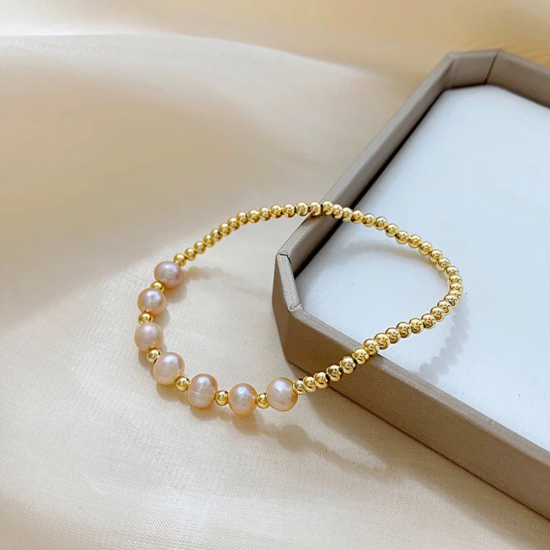 

Trendy Simple Pink Freshwater Pearl 14K Gold Filled Female Bracelet Jewelry For Women Beads Chain Never Fade Birthday Gifts