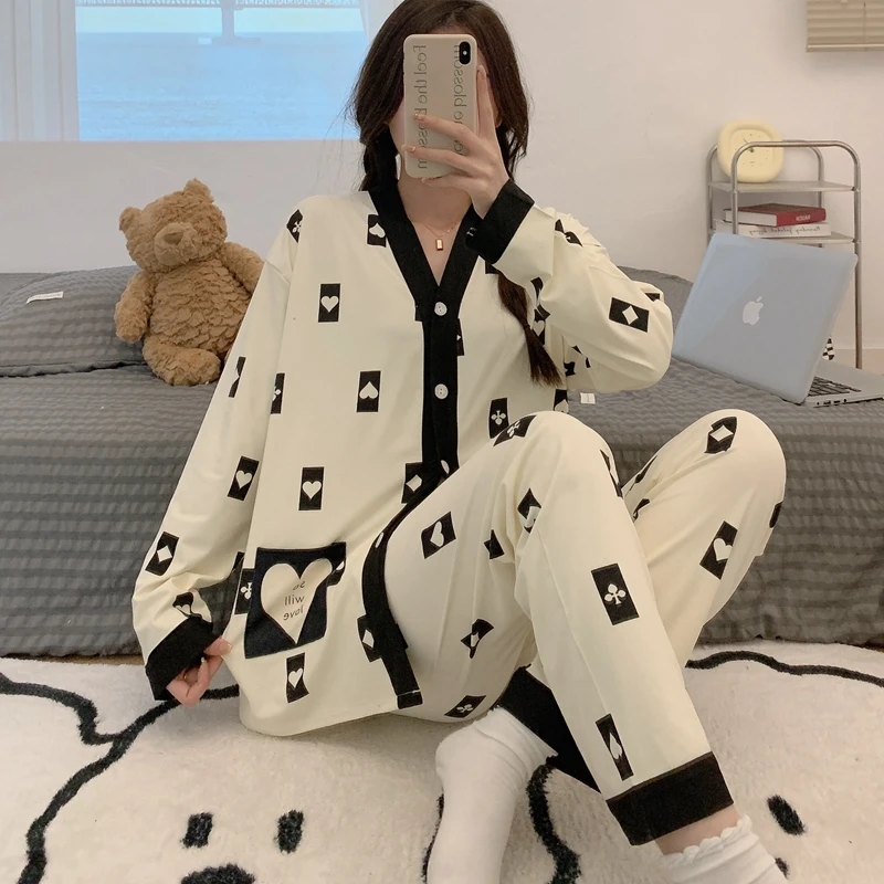 Spring Fall Women Girl Fashion Cute Pajamas Sets Solid Color Flower Sleepwear Faux Silk Home Clothes