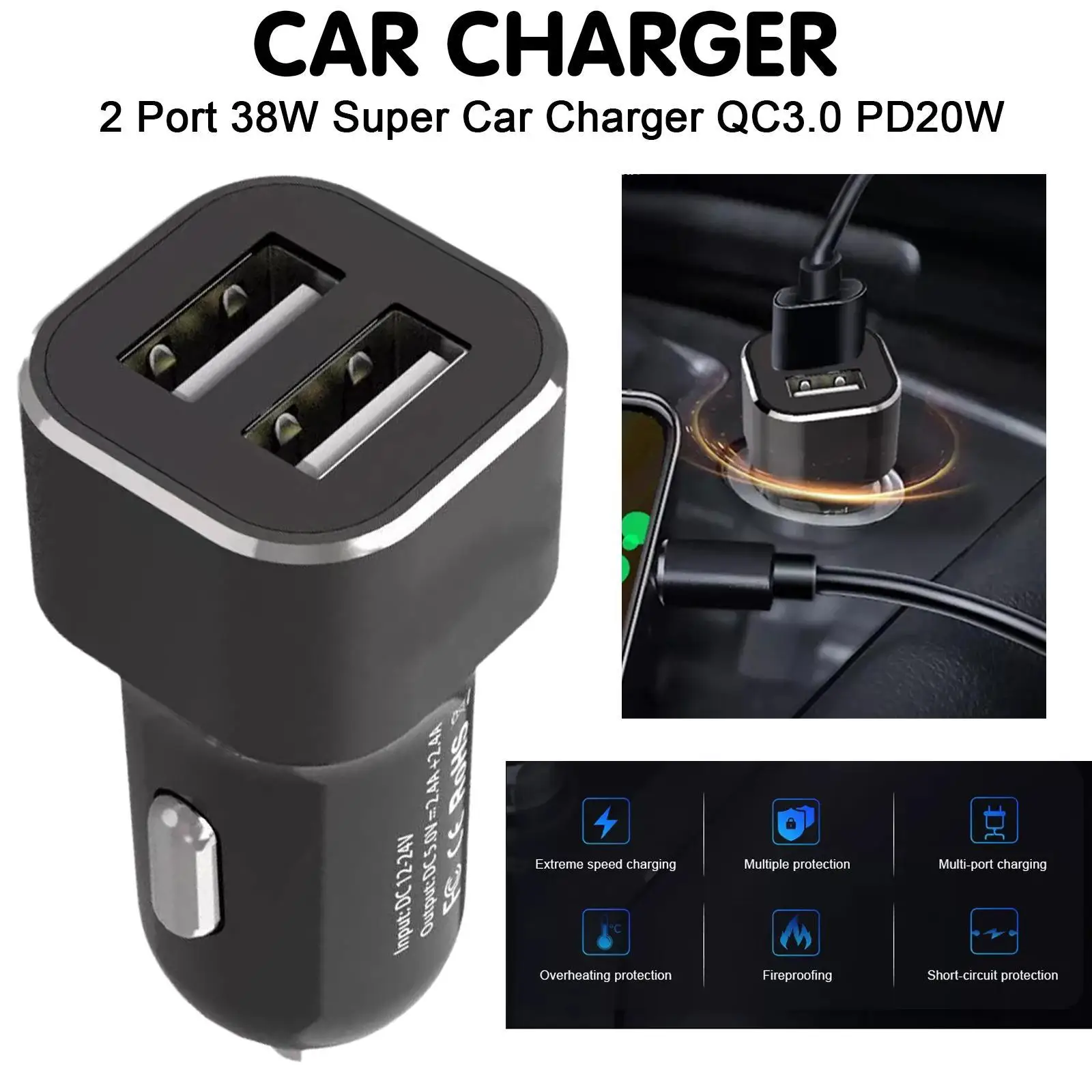 

Автомобильное зарядное устройство QC4.8A с двумя USB-портами, 4,8 А