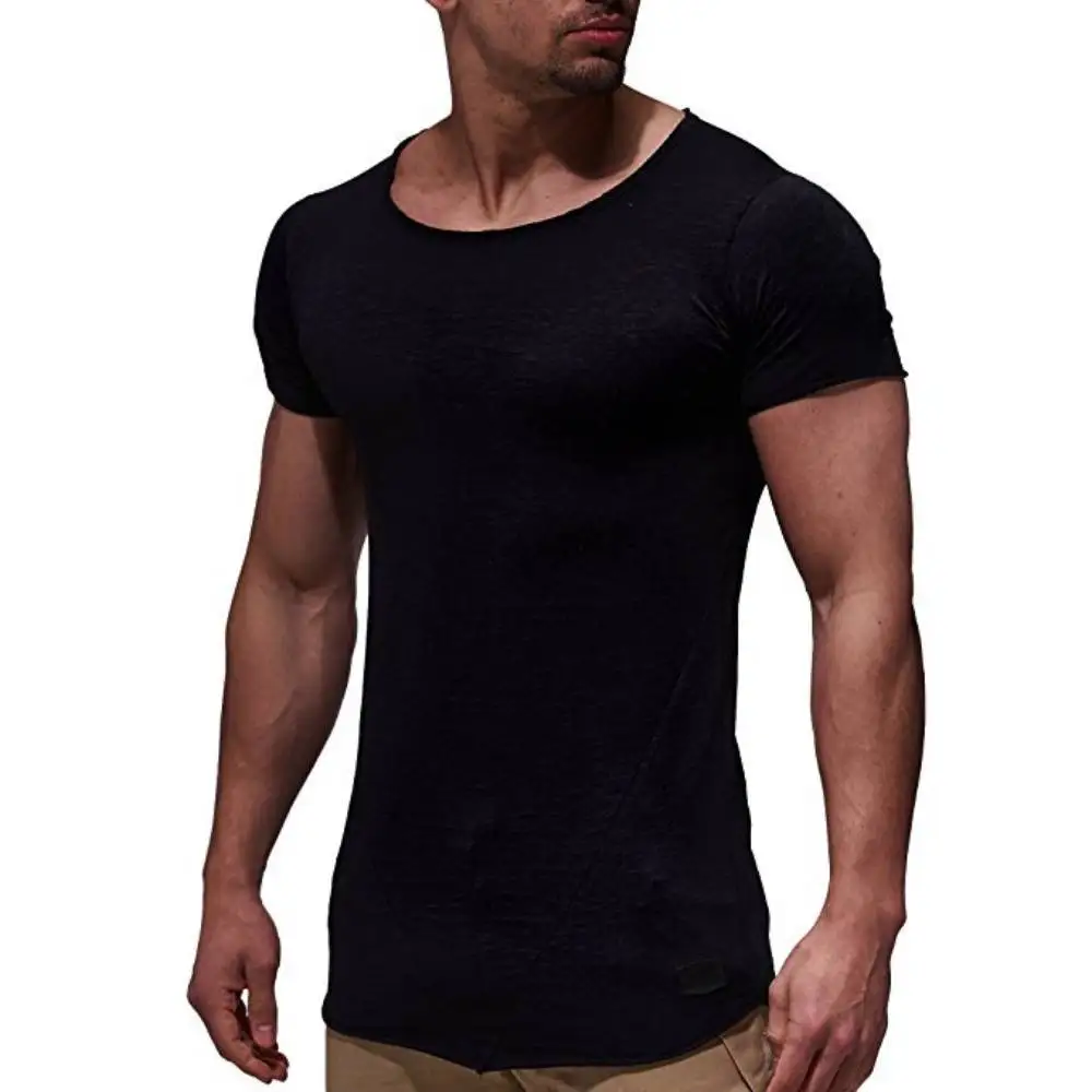 Мужские длинные футболки с изогнутым подолом летняя облегающая футболка