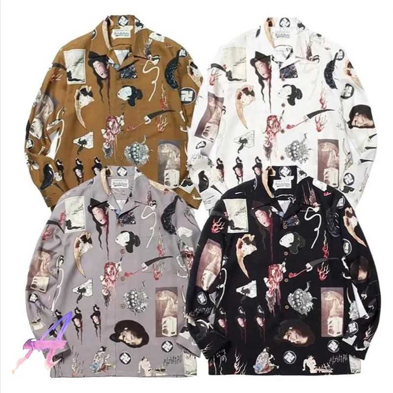

Oversized WACKO MARIA Shirts Hundred Ghosts Night Walk Print Ukiyo-e Graffiti Hawaiian Long Sleeve WACKO Shirts